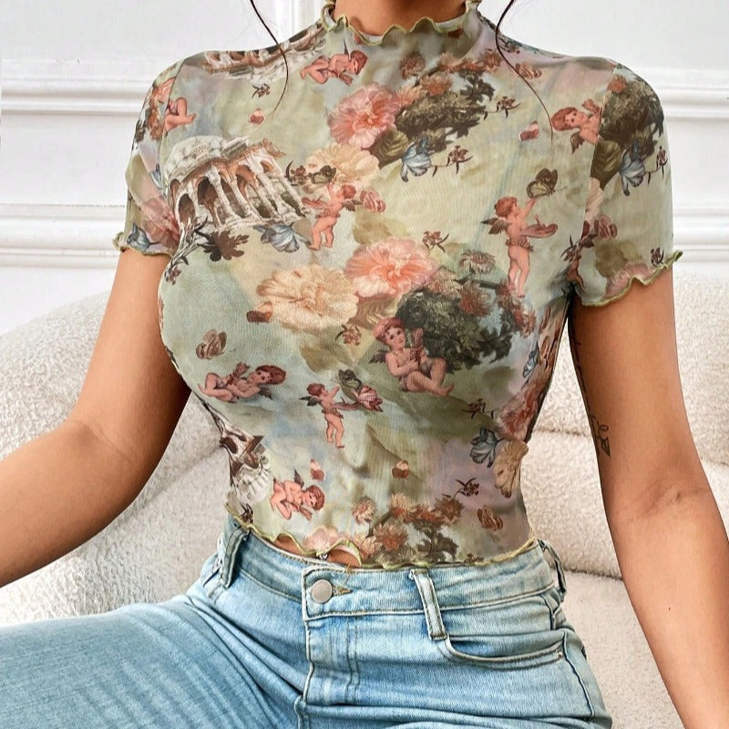 Damen kortärmad t-shirt med konstnärlig utskrift och modisch skärning Mirla-Eva Jonsson