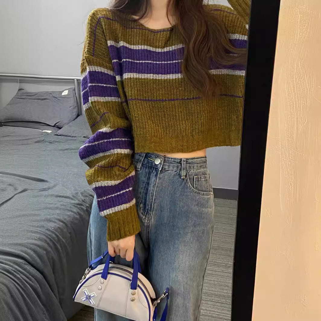 Damen kurz geschnittener Strickpullover mit horizontalem Streifenmuster Mirla-Eva Jonsson