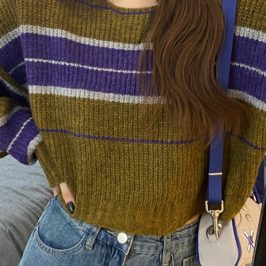 Damen kurz geschnittener Strickpullover mit horizontalem Streifenmuster Mirla-Eva Jonsson