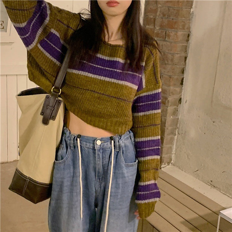 Damen kurz geschnittener Strickpullover mit horizontalem Streifenmuster Mirla-Eva Jonsson