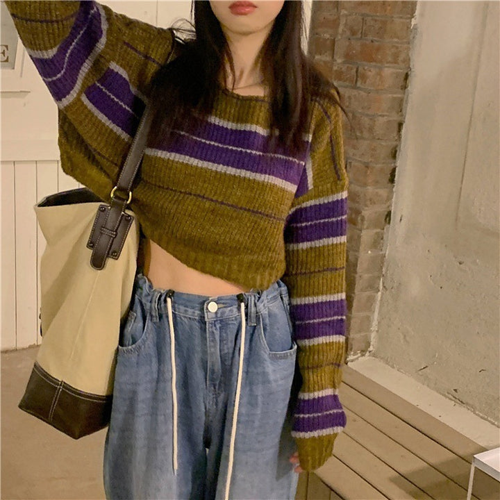 Damen kurz geschnittener Strickpullover mit horizontalem Streifenmuster Mirla-Eva Jonsson