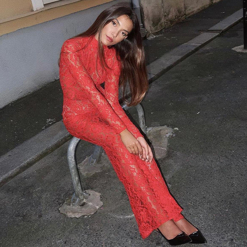 Damen långärmad spetsklänning med hög krage Eva Jonsson-Eva Jonsson