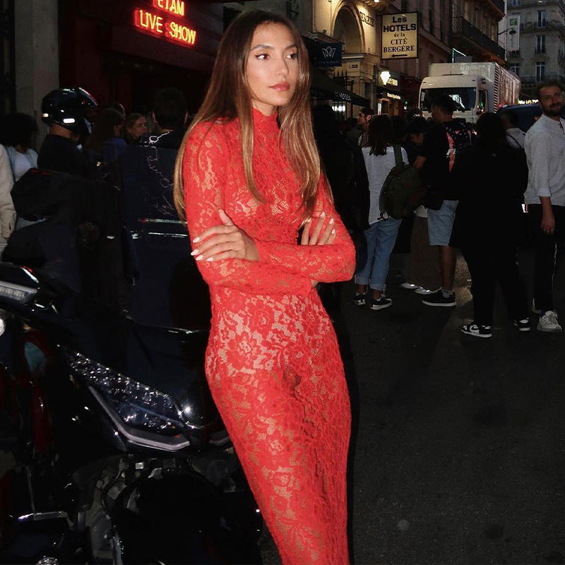 Damen långärmad spetsklänning med hög krage Eva Jonsson-Eva Jonsson