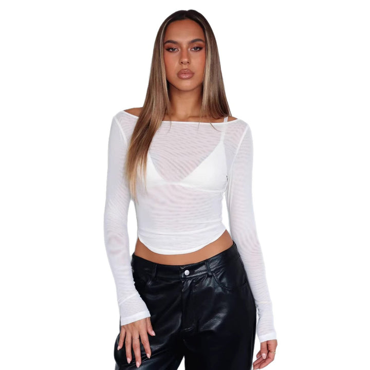 Damen långärmad t-shirt med transparenta detaljer och smal passform Mirla-Eva Jonsson
