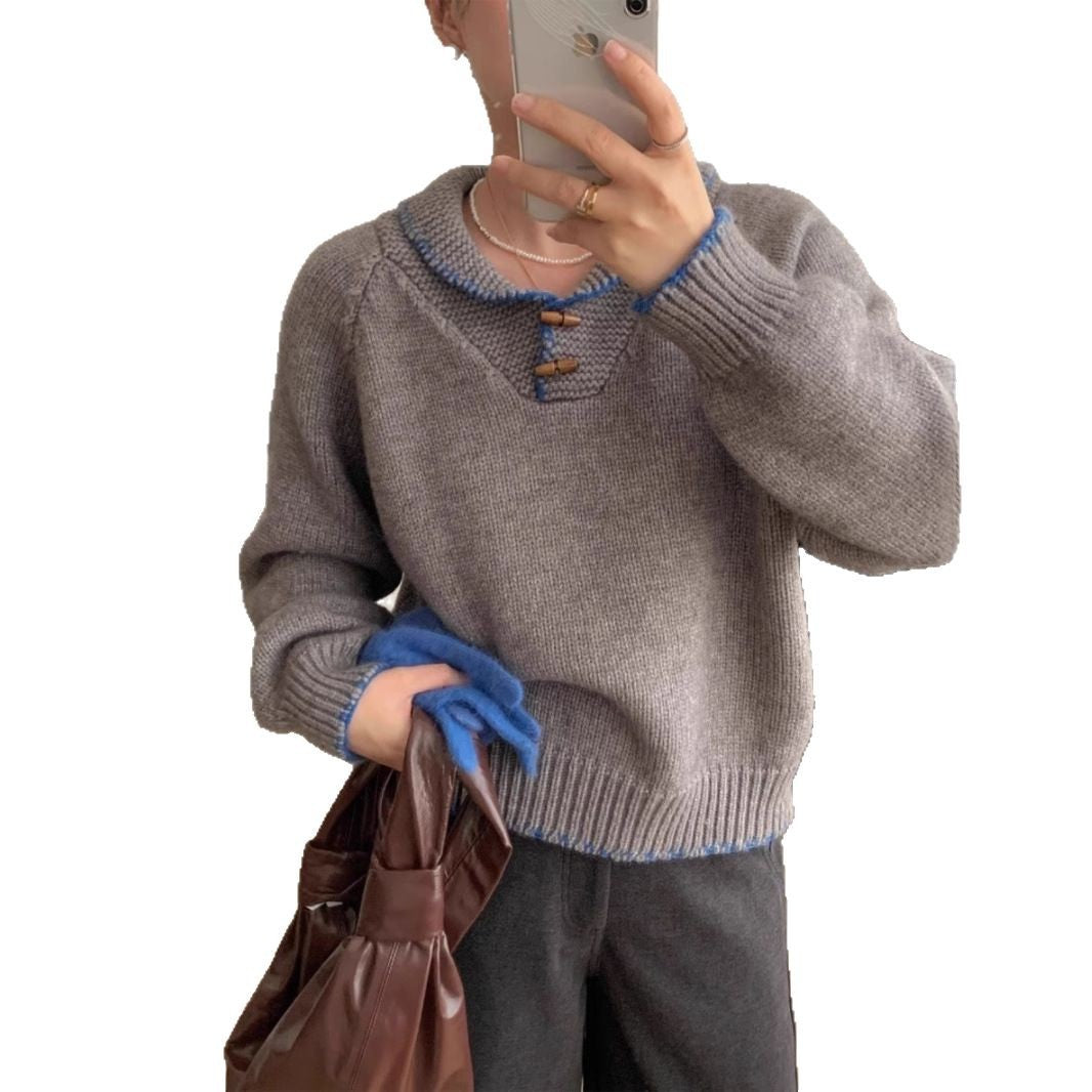 Damen lässiger Strickpullover mit einzigartigem Knopfdesign und Kontrastdetails Mirla-Eva Jonsson
