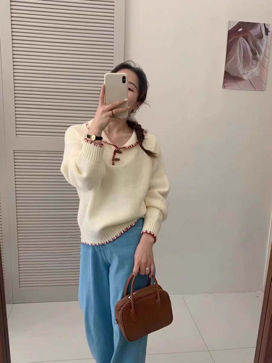 Damen lässiger Strickpullover mit einzigartigem Knopfdesign und Kontrastdetails Mirla-Eva Jonsson