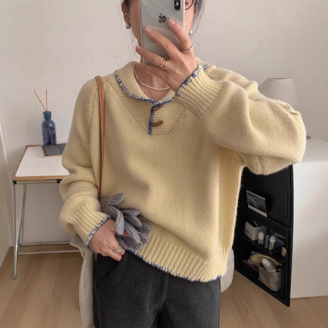 Damen lässiger Strickpullover mit einzigartigem Knopfdesign und Kontrastdetails Mirla-Eva Jonsson