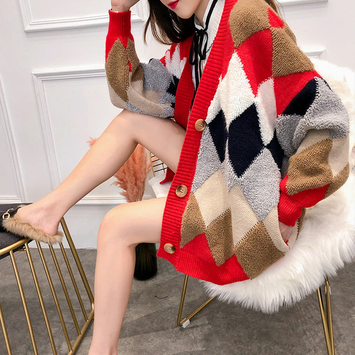 Damen lockerer Strickcardigan mit geometrischem Muster Mirla-Eva Jonsson