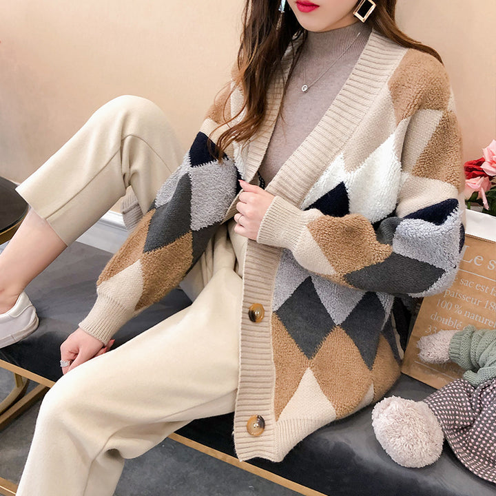 Damen lockerer Strickcardigan mit geometrischem Muster Mirla-Eva Jonsson