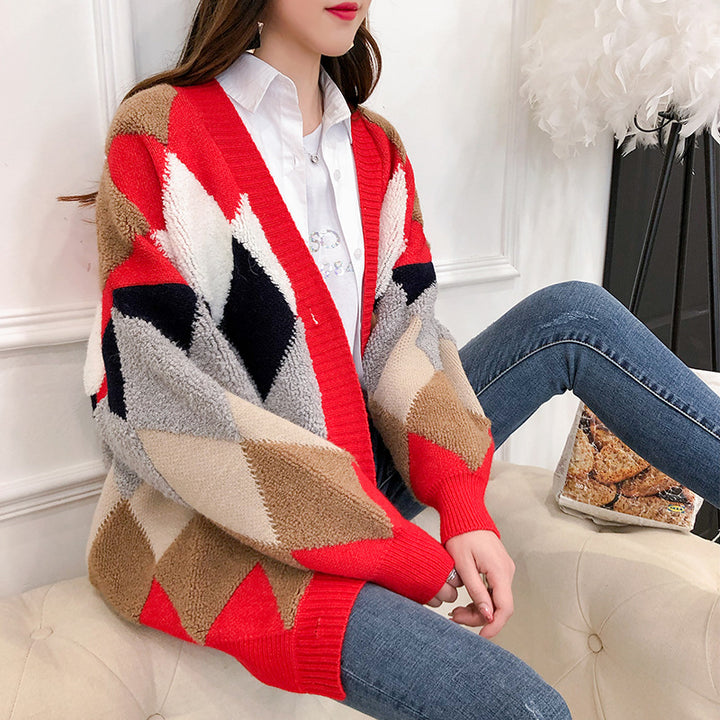 Damen lockerer Strickcardigan mit geometrischem Muster Mirla-Eva Jonsson