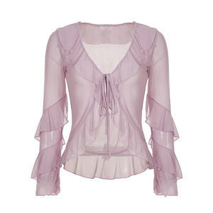 Damen luftig chiffon-top med voluminösa volangdetaljer Mirla-Eva Jonsson