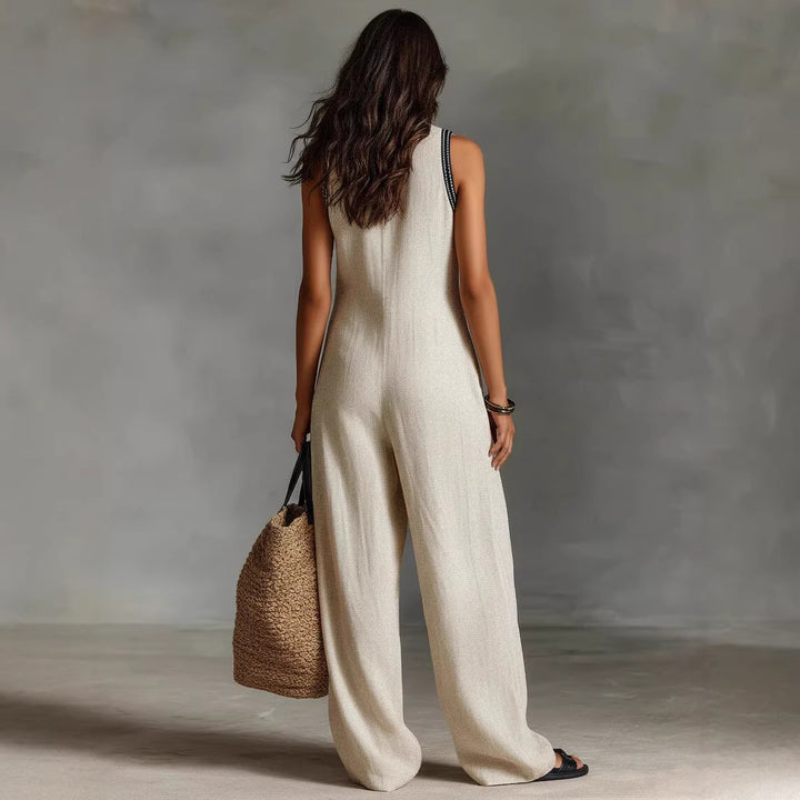 Damen luftig jumpsuit med elegant V-ringning och broderad krage Mirla-Eva Jonsson