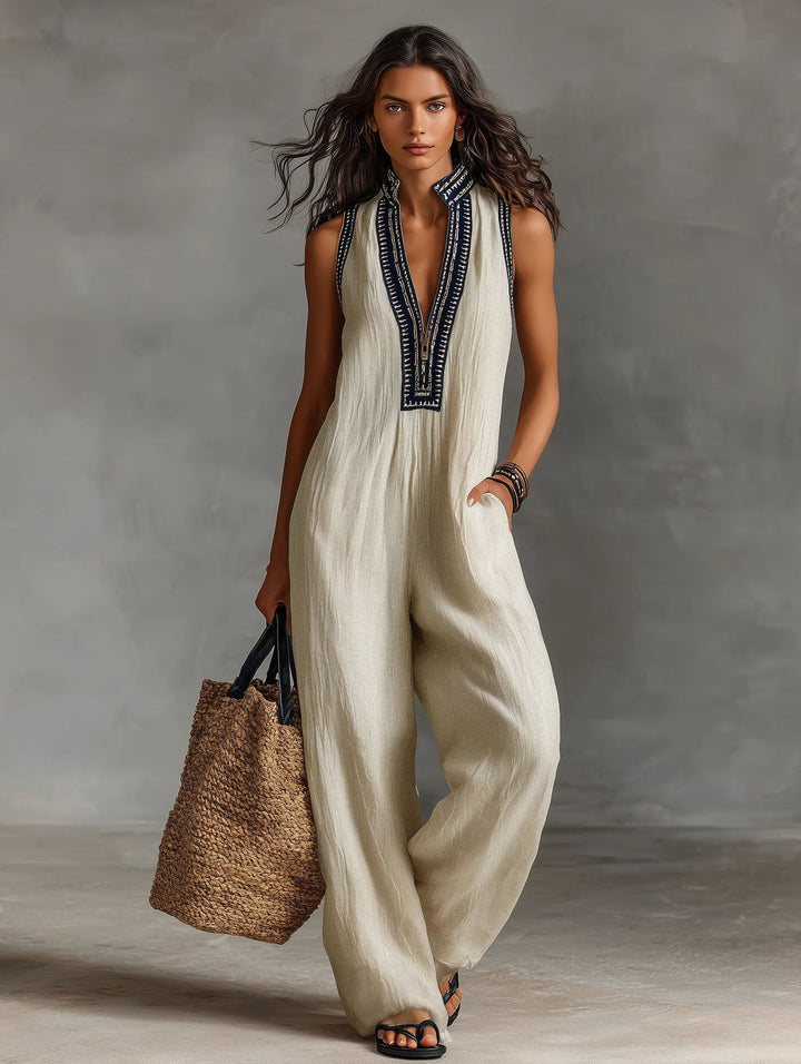 Damen luftig jumpsuit med elegant V-ringning och broderad krage Mirla-Eva Jonsson