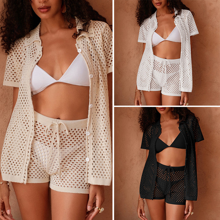 Damen luftig virkade set med knäppt tröja och shorts Mirla-Eva Jonsson