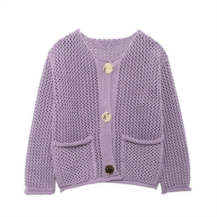Damen luftige Strickjacke mit durchbrochenem Muster und praktischen Taschen Eva Jonsson-Eva Jonsson