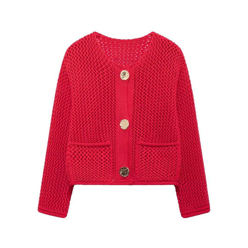 Damen luftige Strickjacke mit durchbrochenem Muster und praktischen Taschen Eva Jonsson-Eva Jonsson