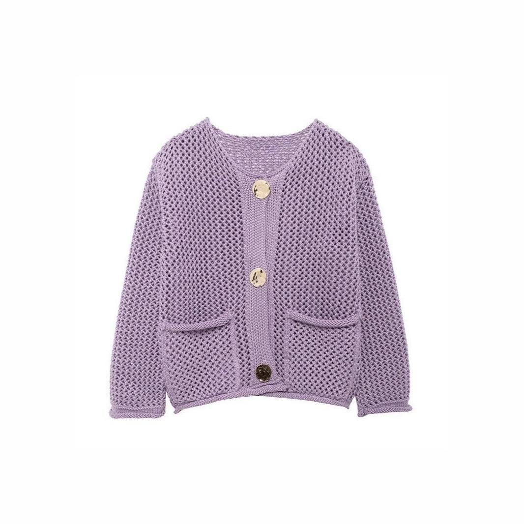 Damen luftige Strickjacke mit durchbrochenem Muster und praktischen Taschen Eva Jonsson-Eva Jonsson