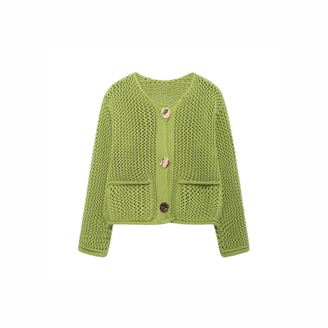 Damen luftige Strickjacke mit durchbrochenem Muster und praktischen Taschen Eva Jonsson-Eva Jonsson