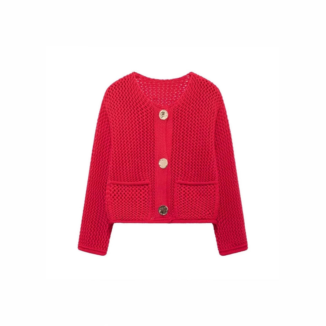 Damen luftige Strickjacke mit durchbrochenem Muster und praktischen Taschen Eva Jonsson-Eva Jonsson