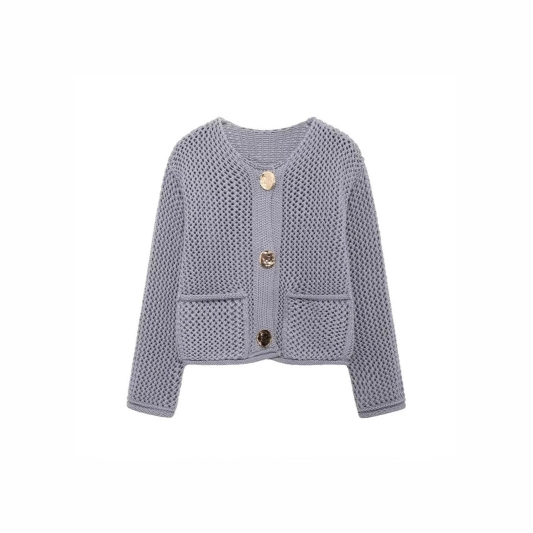 Damen luftige Strickjacke mit durchbrochenem Muster und praktischen Taschen Eva Jonsson-Eva Jonsson
