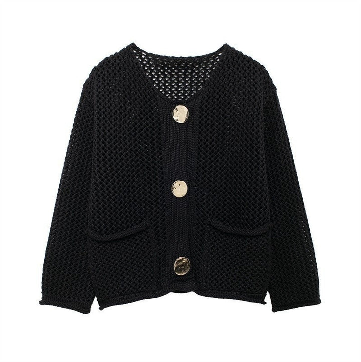 Damen luftige Strickjacke mit durchbrochenem Muster und praktischen Taschen Eva Jonsson-Eva Jonsson