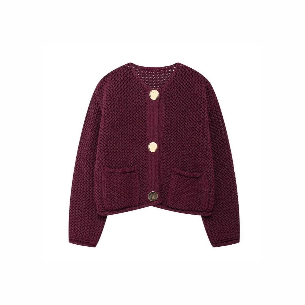 Damen luftige Strickjacke mit durchbrochenem Muster und praktischen Taschen Eva Jonsson-Eva Jonsson