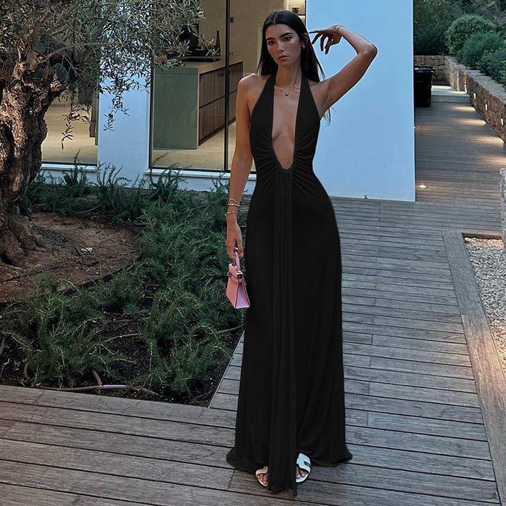 Damen maxikleid med djupt V-ringning och eleganta draperingar Mirla-Eva Jonsson