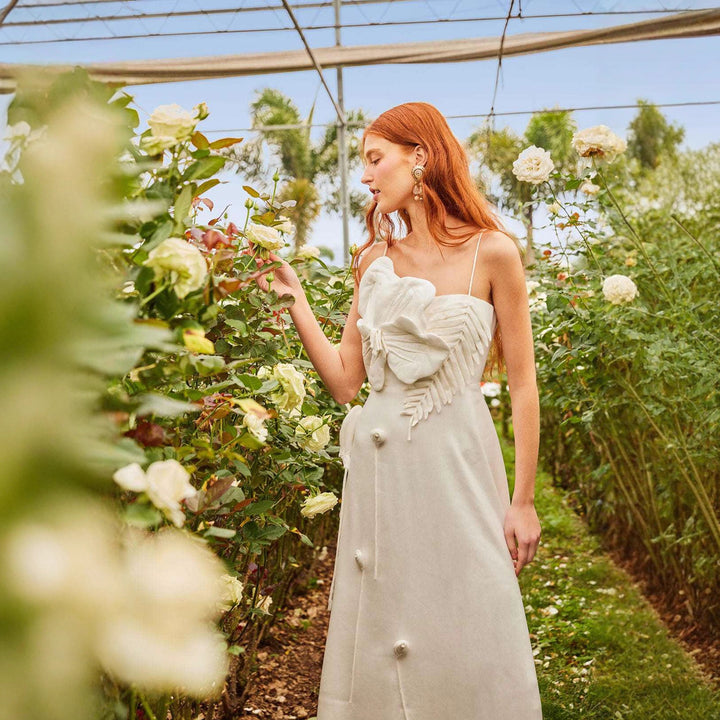 Damen midi dress with elaborate ruffle details and adjustable spaghetti straps Mirla-Eva Jonsson
