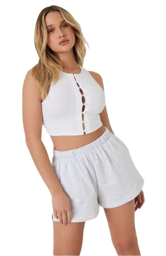 Damen mode Crop-Top med knappliste och diskret ribbdesign Mirla-Eva Jonsson
