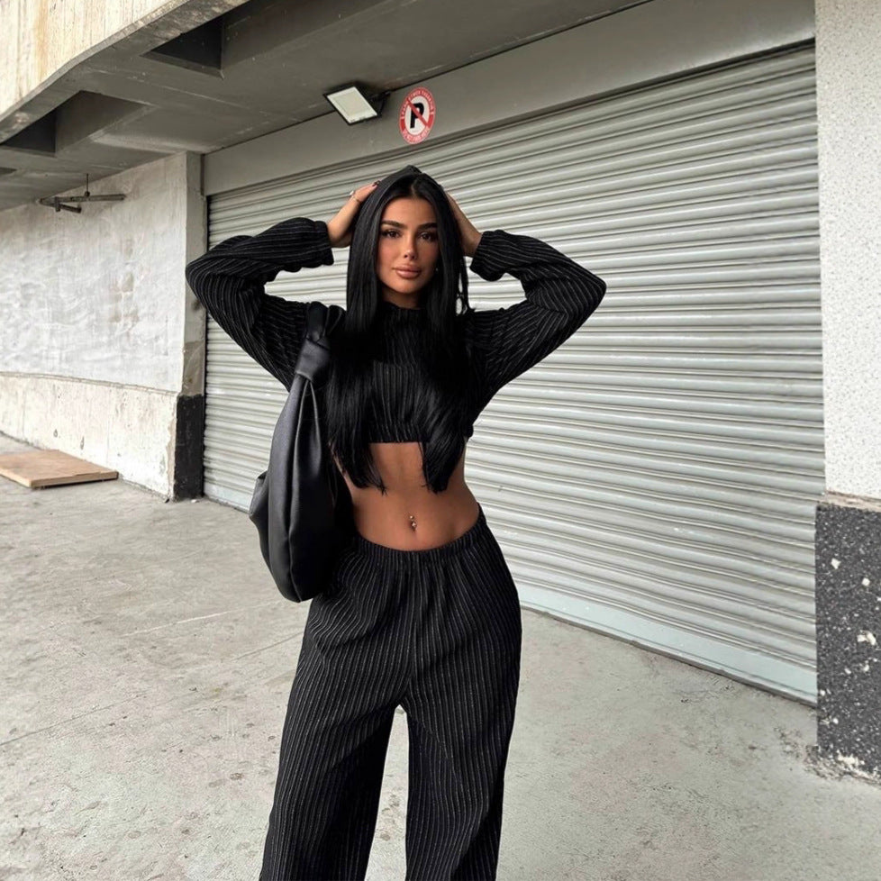 Damen mode-randigt set med cropped topp och vida byxor Mirla-Eva Jonsson