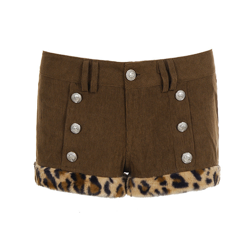 Damen modische Shorts aus Cord mit Kragenfransen und dekorativen Knöpfen Mirla-Eva Jonsson