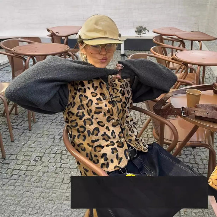 Damen modische väst i leopardmönster med bekväma ärmar Mirla-Eva Jonsson
