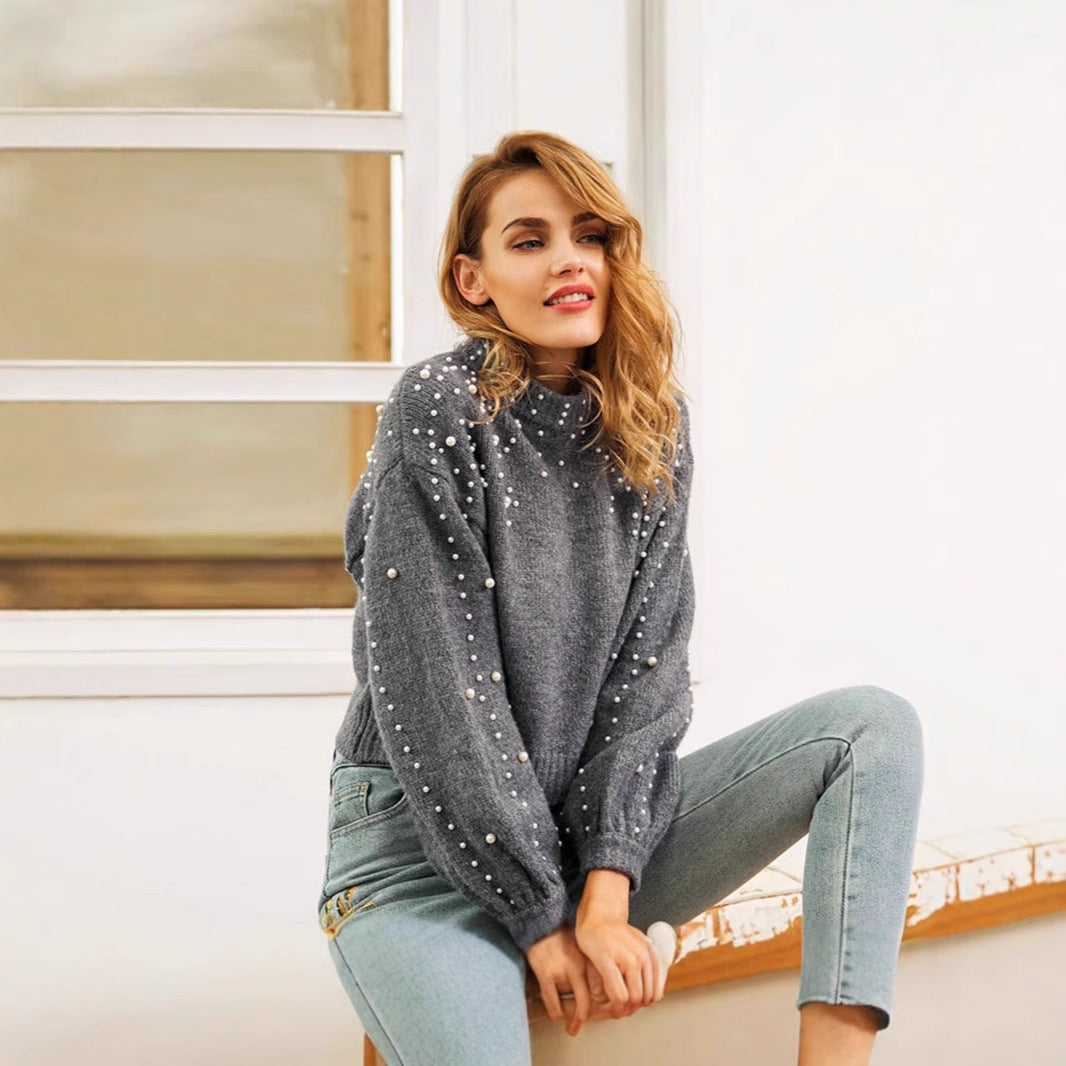 Damen modischer Pullover mit Perlendetails und ballonförmigen Ärmeln Eva Jonsson-Eva Jonsson