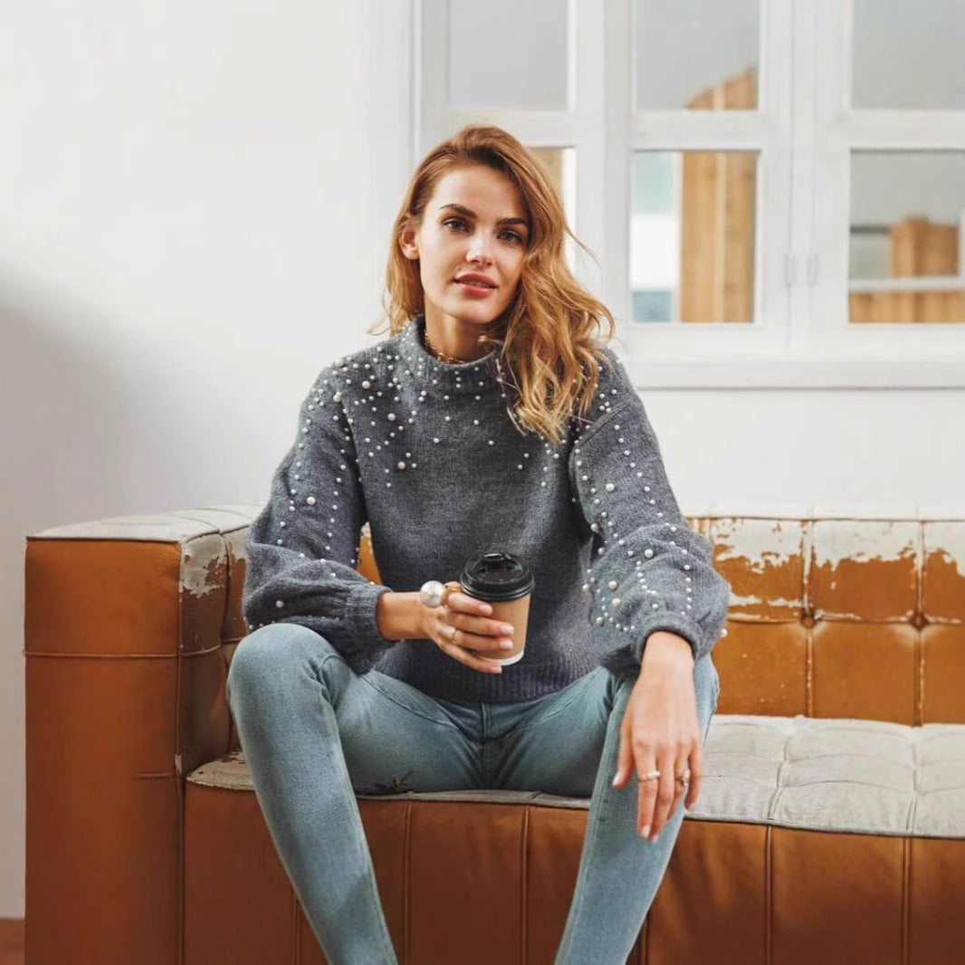 Damen modischer Pullover mit Perlendetails und ballonförmigen Ärmeln Eva Jonsson-Eva Jonsson