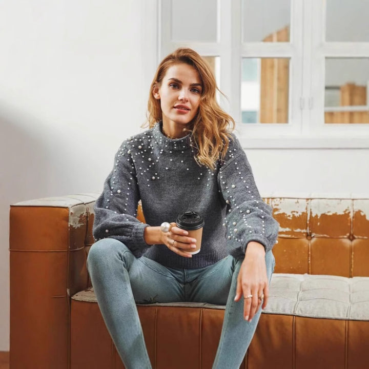 Damen modischer Pullover mit Perlendetails und ballonförmigen Ärmeln Eva Jonsson-Eva Jonsson