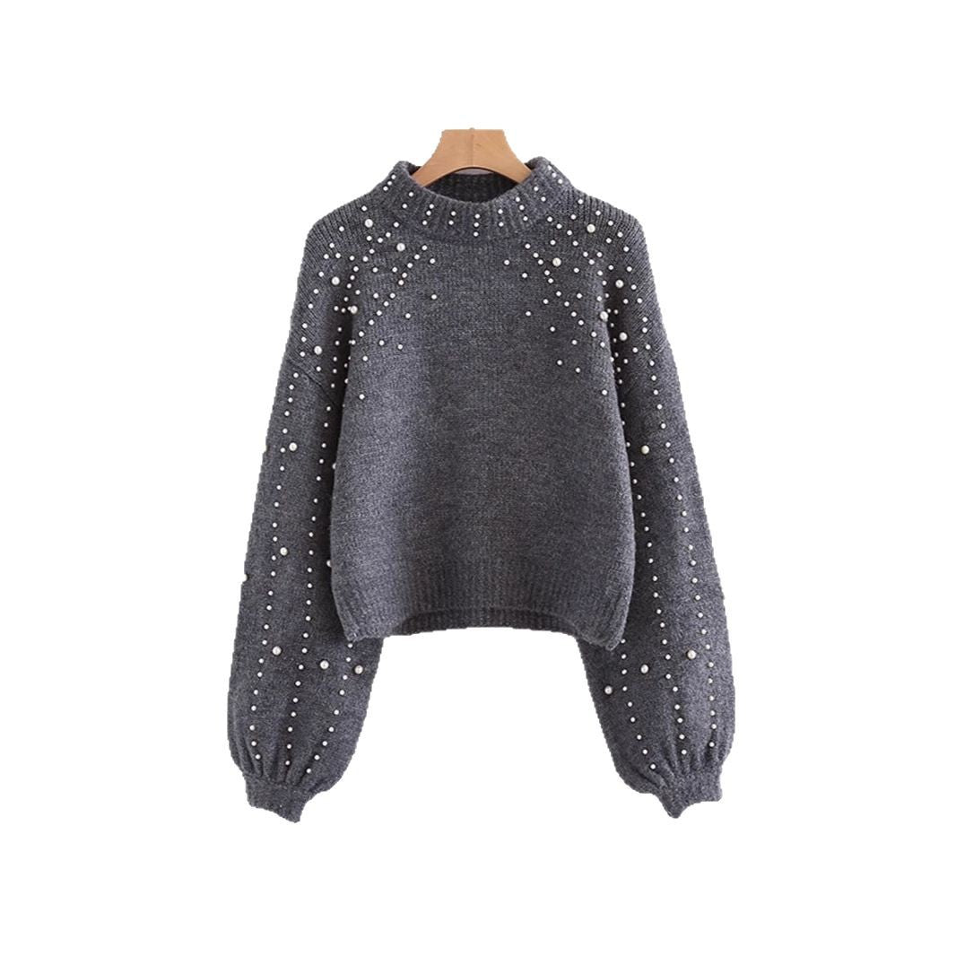 Damen modischer Pullover mit Perlendetails und ballonförmigen Ärmeln Eva Jonsson-Eva Jonsson