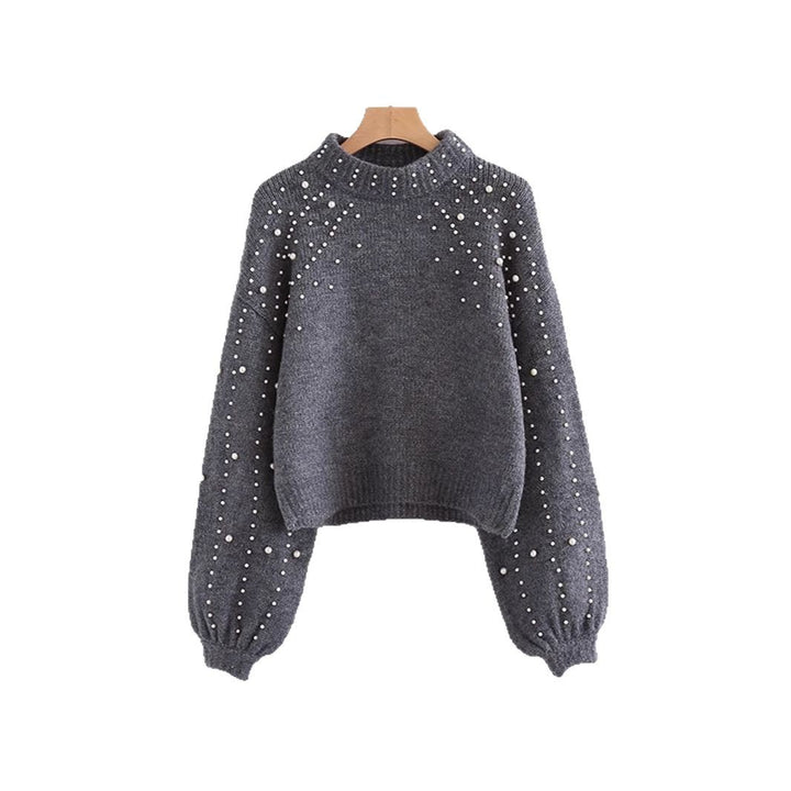 Damen modischer Pullover mit Perlendetails und ballonförmigen Ärmeln Eva Jonsson-Eva Jonsson