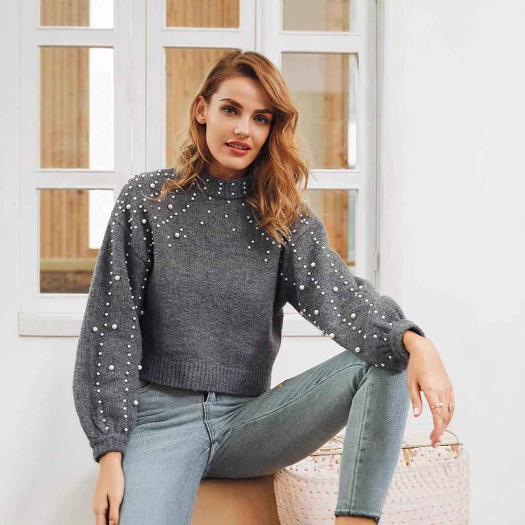 Damen modischer Pullover mit Perlendetails und ballonförmigen Ärmeln Eva Jonsson-Eva Jonsson