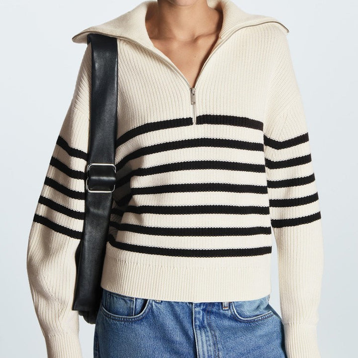 Damen modischer Strickpullover mit halbem Reißverschluss und gestreiftem Design Eva Jonsson-Eva Jonsson