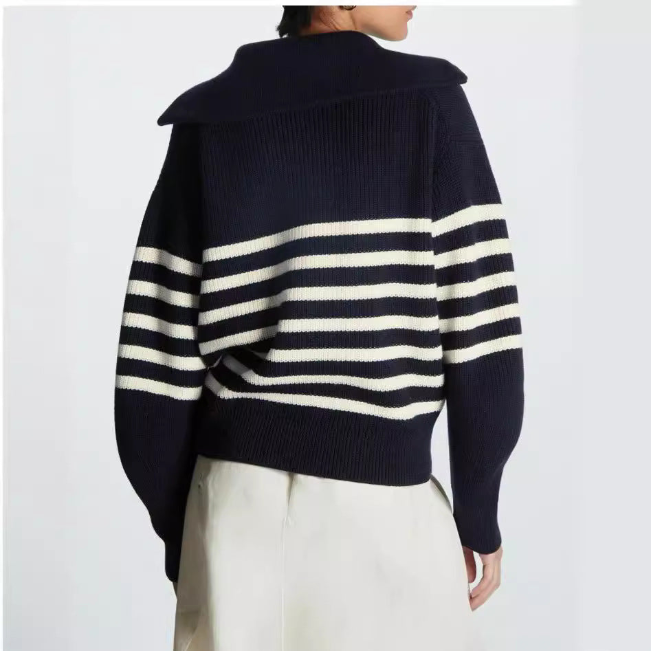 Damen modischer Strickpullover mit halbem Reißverschluss und gestreiftem Design Eva Jonsson-Eva Jonsson