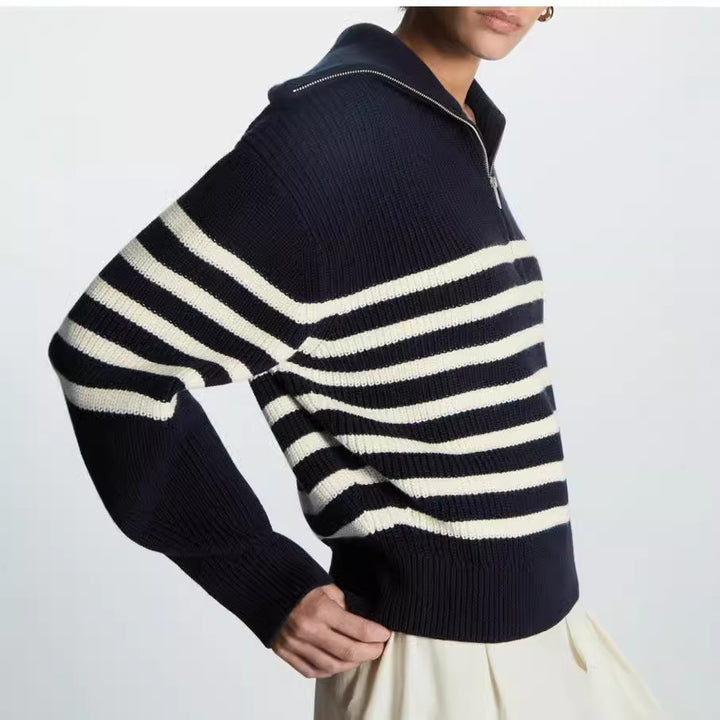 Damen modischer Strickpullover mit halbem Reißverschluss und gestreiftem Design Eva Jonsson-Eva Jonsson