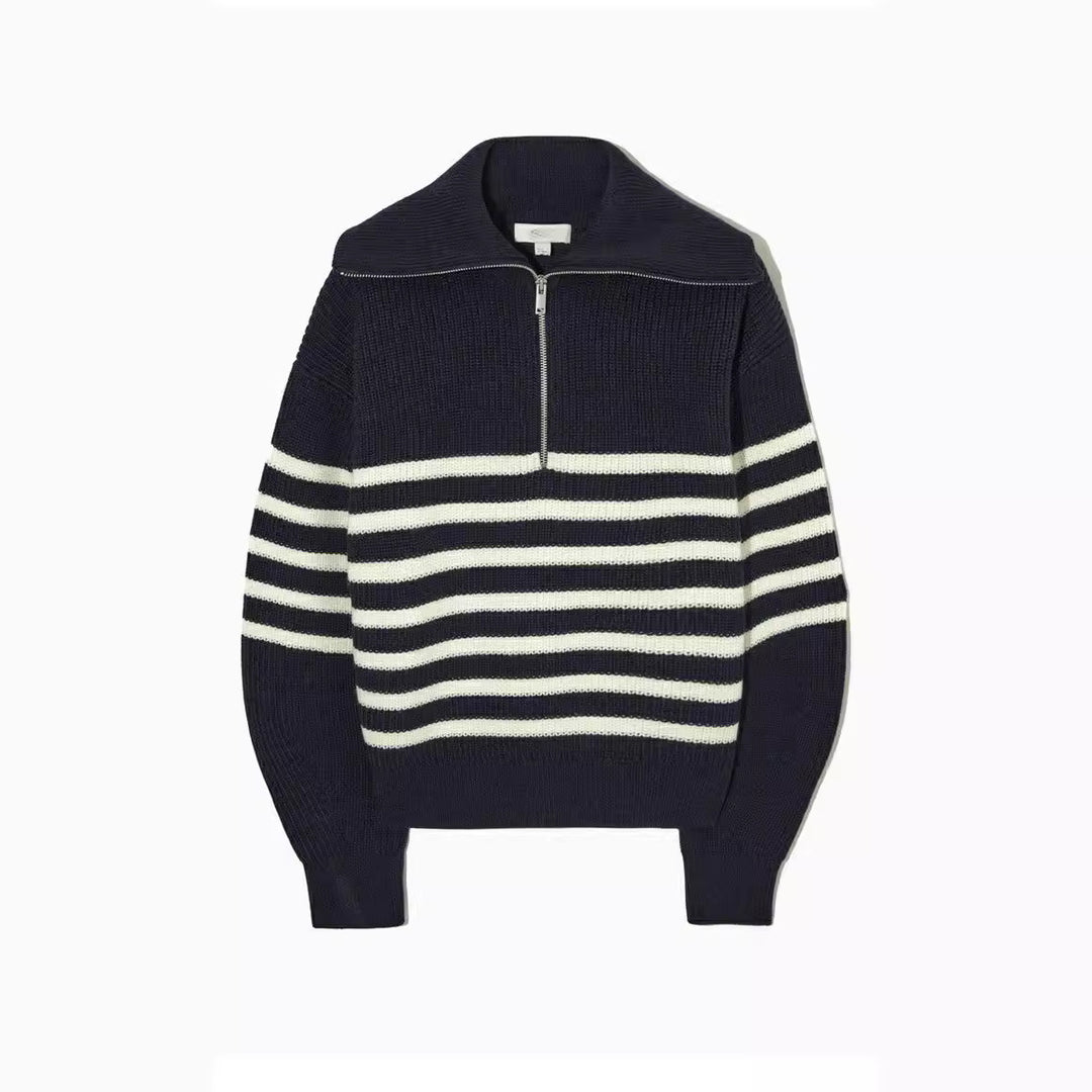 Damen modischer Strickpullover mit halbem Reißverschluss und gestreiftem Design Eva Jonsson-Eva Jonsson