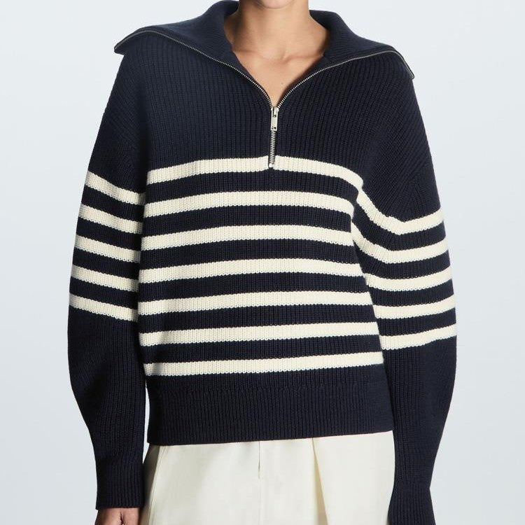 Damen modischer Strickpullover mit halbem Reißverschluss und gestreiftem Design Eva Jonsson-Eva Jonsson
