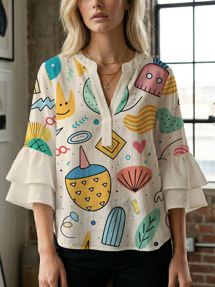 Damen modisches Oberteil mit Rüschendetails und kreativem Muster Mirla-Eva Jonsson