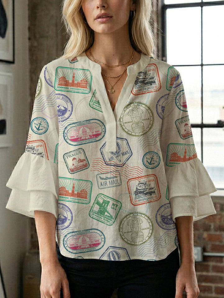 Damen modisches Oberteil mit Rüschendetails und kreativem Muster Mirla-Eva Jonsson