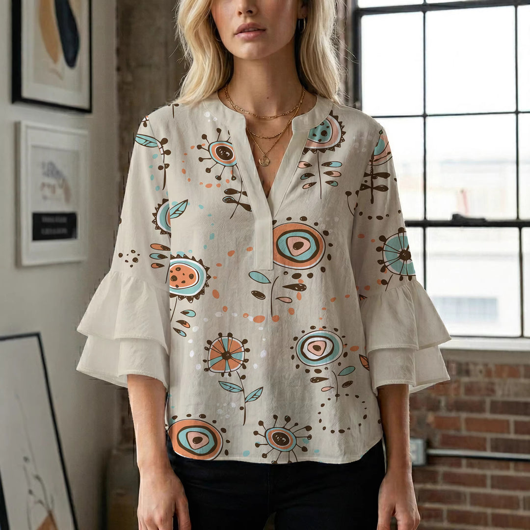 Damen modisches Oberteil mit Rüschendetails und kreativem Muster Mirla-Eva Jonsson