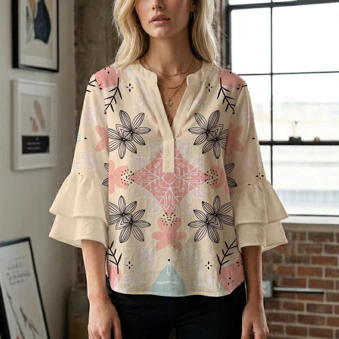 Damen modisches Oberteil mit Rüschendetails und kreativem Muster Mirla-Eva Jonsson