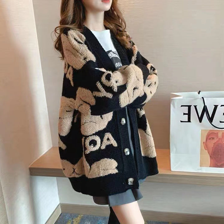 Damen oversized Strickjacke mit tierischem Design und Knopfverschluss Mirla-Eva Jonsson
