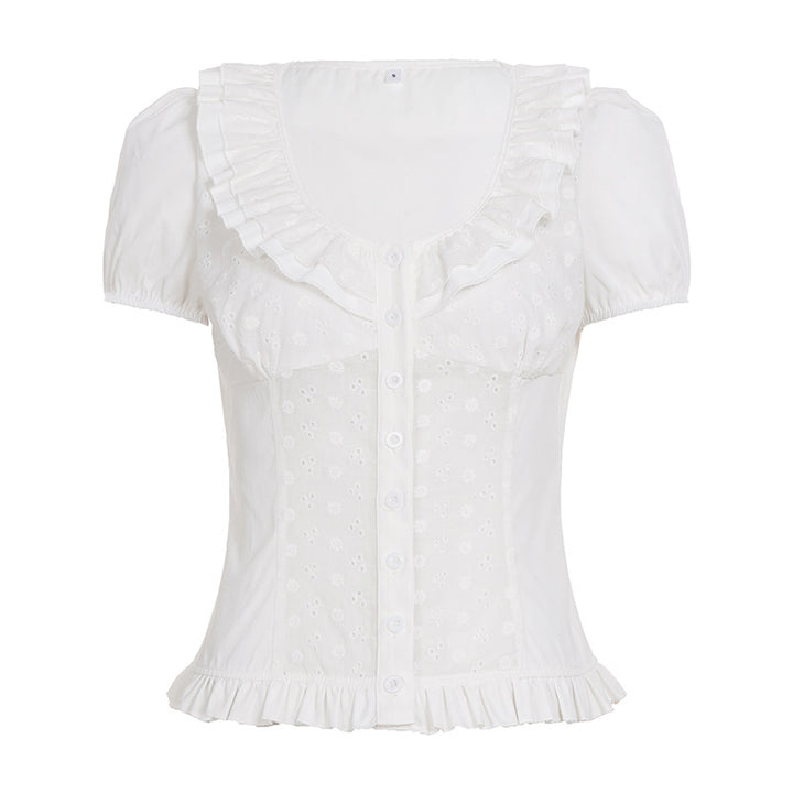 Damen ruffle blouse with floral insert and feminine cut Mirla-Eva Jonsson