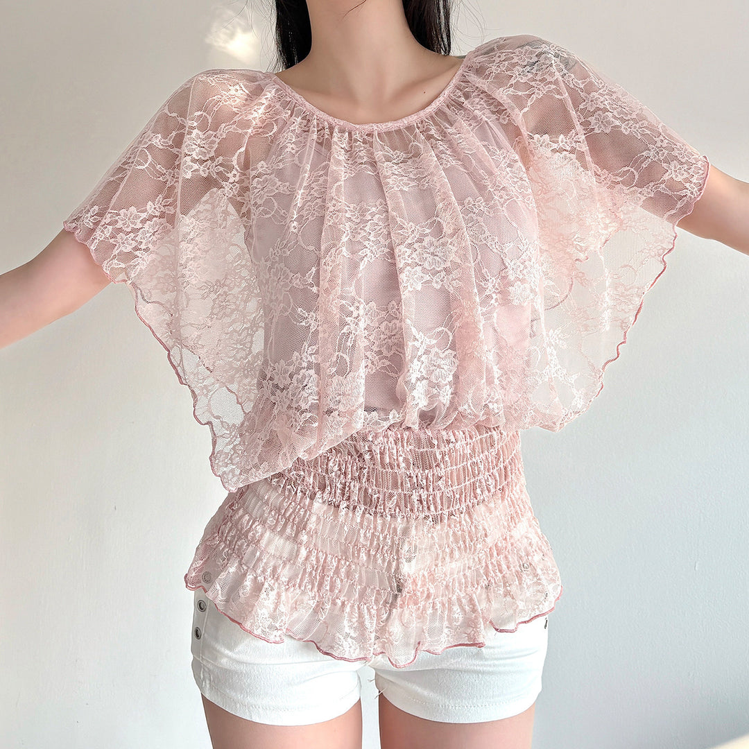 Damen spets T-shirt med elastisk volang nederkant Mirla-Eva Jonsson